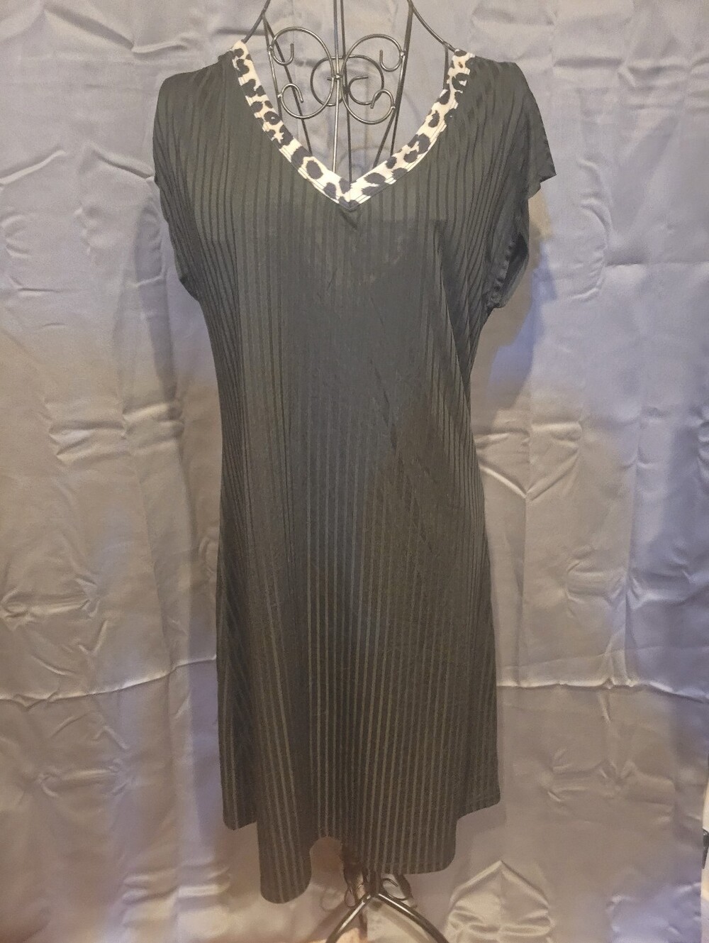 Amazon Black V-Neck Short Sleeve Dress with Leopard Trim Accent